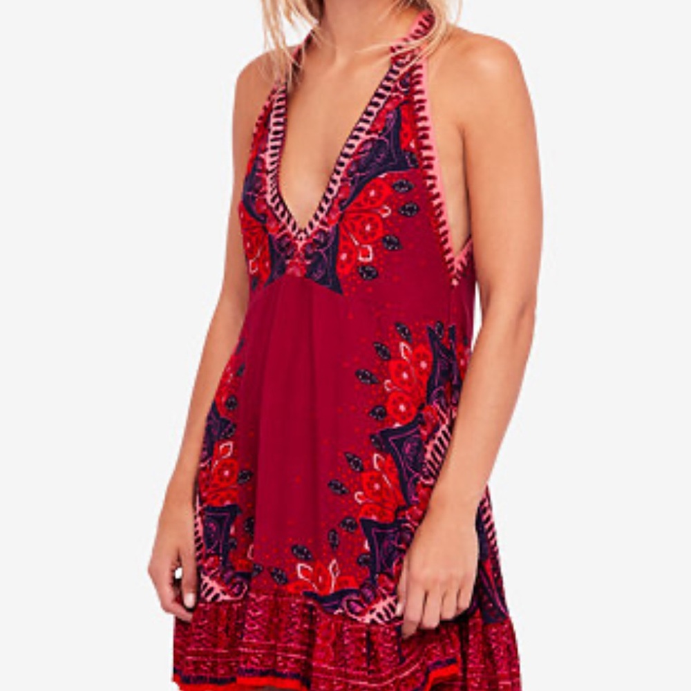 Free People Tunic Dress Small Boho Halter Mini Maroon Floral Sun Dress S